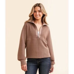 Varley Lismore Half Zip Pullover Medium Deep Taupe Ribbed Satin Mock Neck Sweat